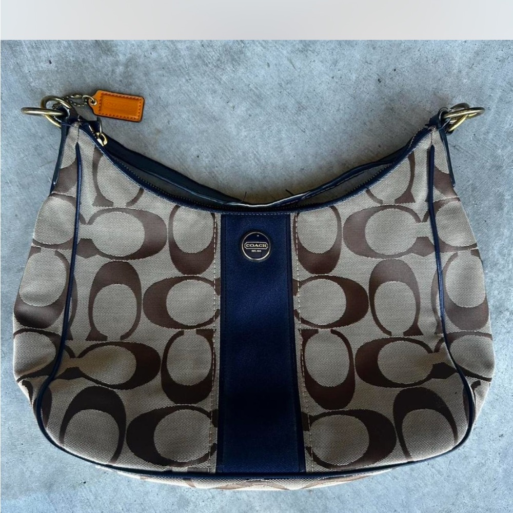 Coach Signature Canvas Hobo Bag in Brown with Navy Trim